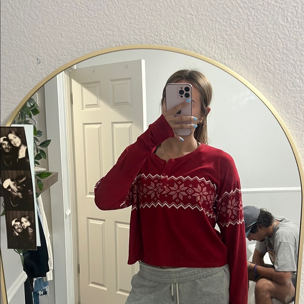 Red Long Sleeve Henley with White Pattern